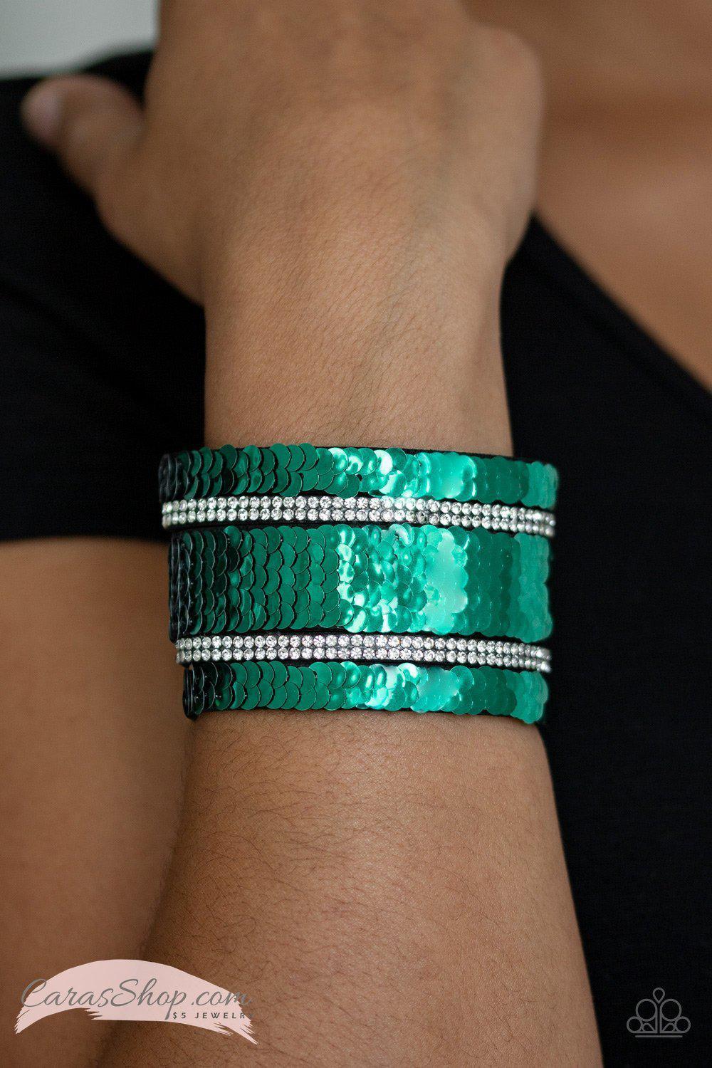 Mermaid Service Green and Silver Reversible Sequin Wrap Snap Bracelet - Paparazzi Accessories- on model - CarasShop.com - Paparazzi Jewelry by Cara Jewels