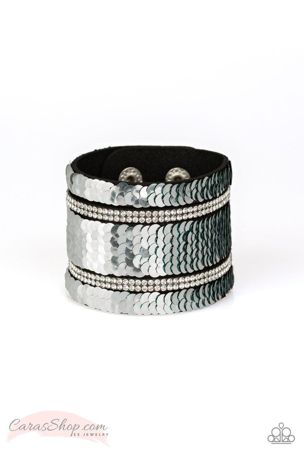 Mermaid Service Green and Silver Reversible Sequin Wrap Snap Bracelet - Paparazzi Accessories- Reverse side - lightbox - CarasShop.com - Paparazzi Jewelry by Cara Jewels