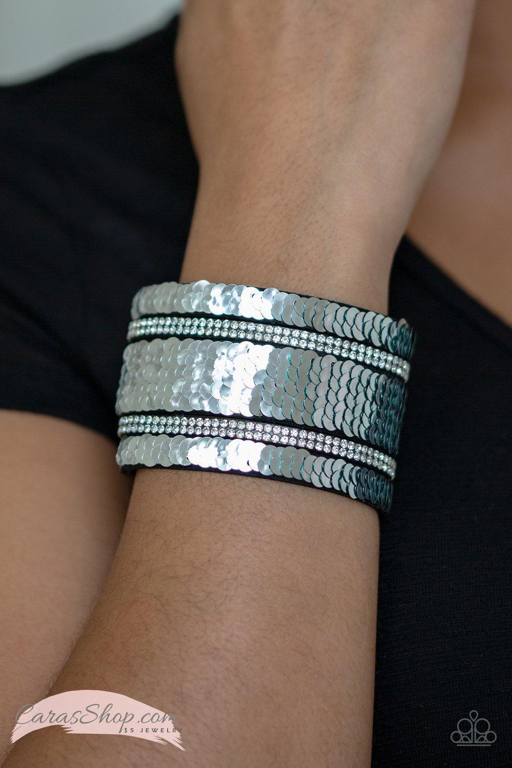 Mermaid Service Green and Silver Reversible Sequin Wrap Snap Bracelet - Paparazzi Accessories- Reverse side on model - CarasShop.com - Paparazzi Jewelry by Cara Jewels