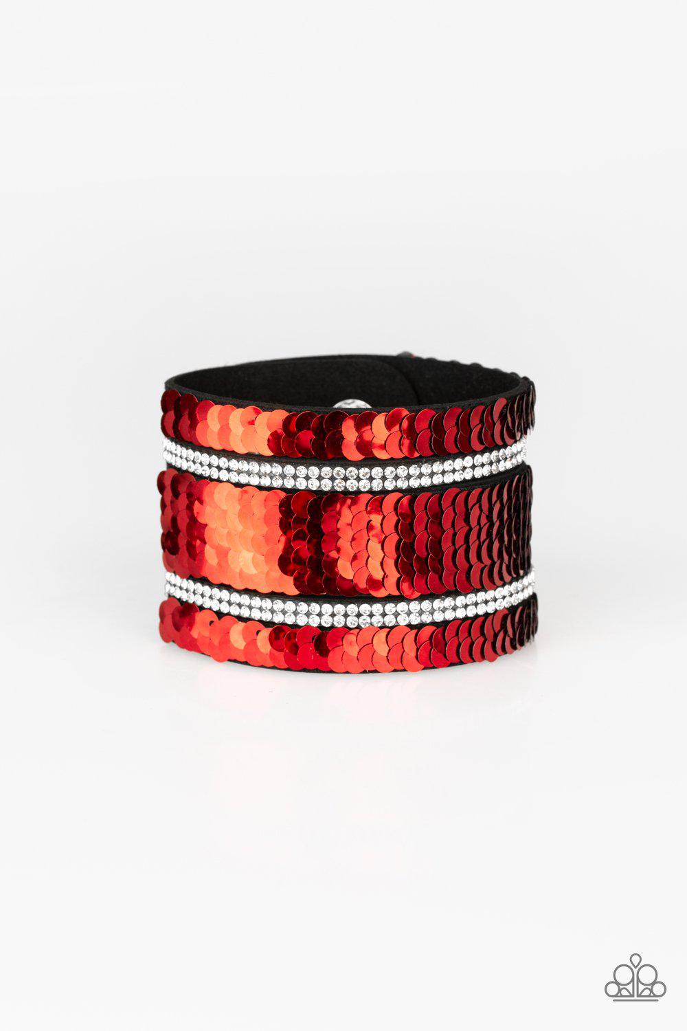 MERMAID Service Red and Silver Reversible Sequin Wrap Snap Bracelet - Paparazzi Accessories- lightbox - CarasShop.com - Paparazzi Jewelry by Cara Jewels
