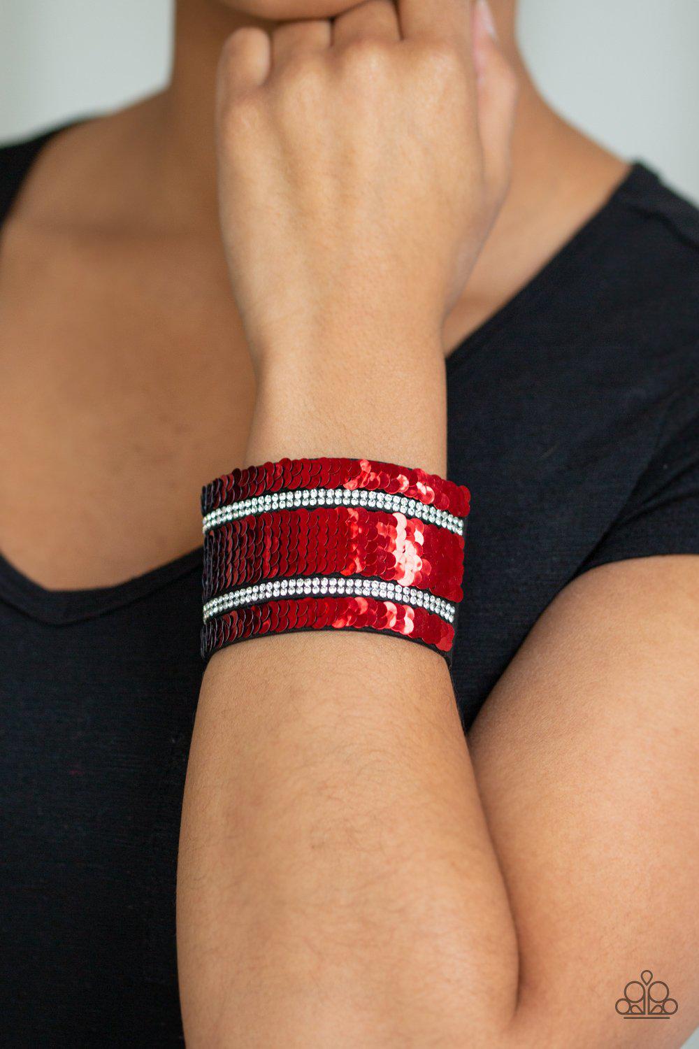 MERMAID Service Red and Silver Reversible Sequin Wrap Snap Bracelet - Paparazzi Accessories- on model - CarasShop.com - Paparazzi Jewelry by Cara Jewels