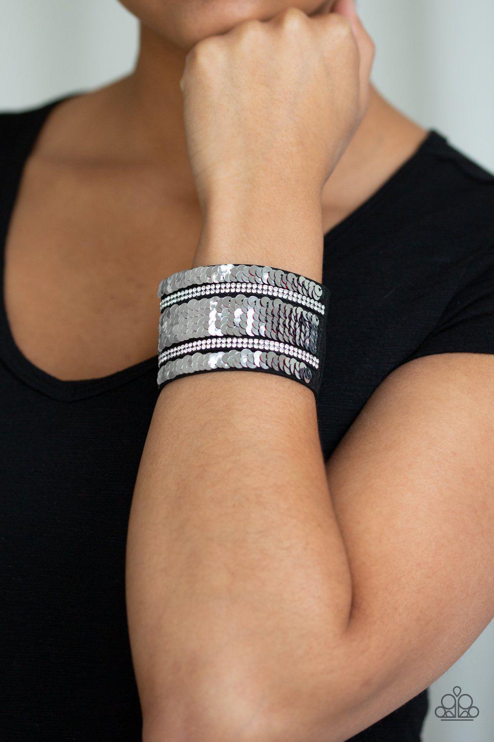 MERMAID Service Red and Silver Reversible Sequin Wrap Snap Bracelet - Paparazzi Accessories- Reverse side on model - CarasShop.com - Paparazzi Jewelry by Cara Jewels