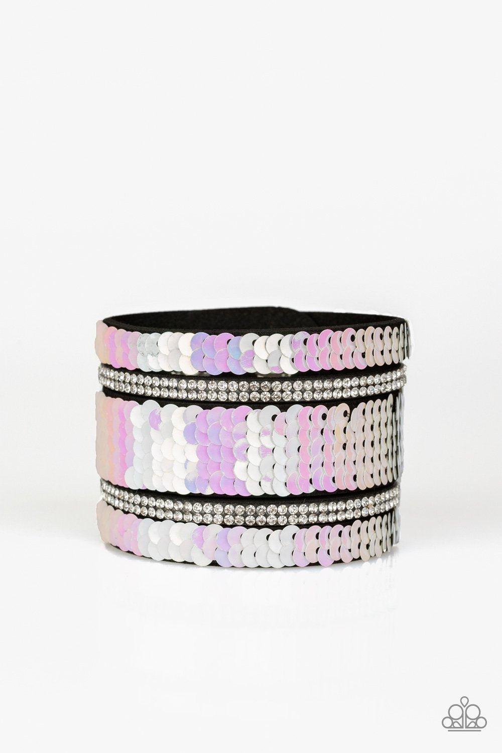 Mermaid Service White and Pink Sequin Reversible Urban Wrap Snap Bracelet - Paparazzi Accessories- Reverse side - lightbox - CarasShop.com - Paparazzi Jewelry by Cara Jewels