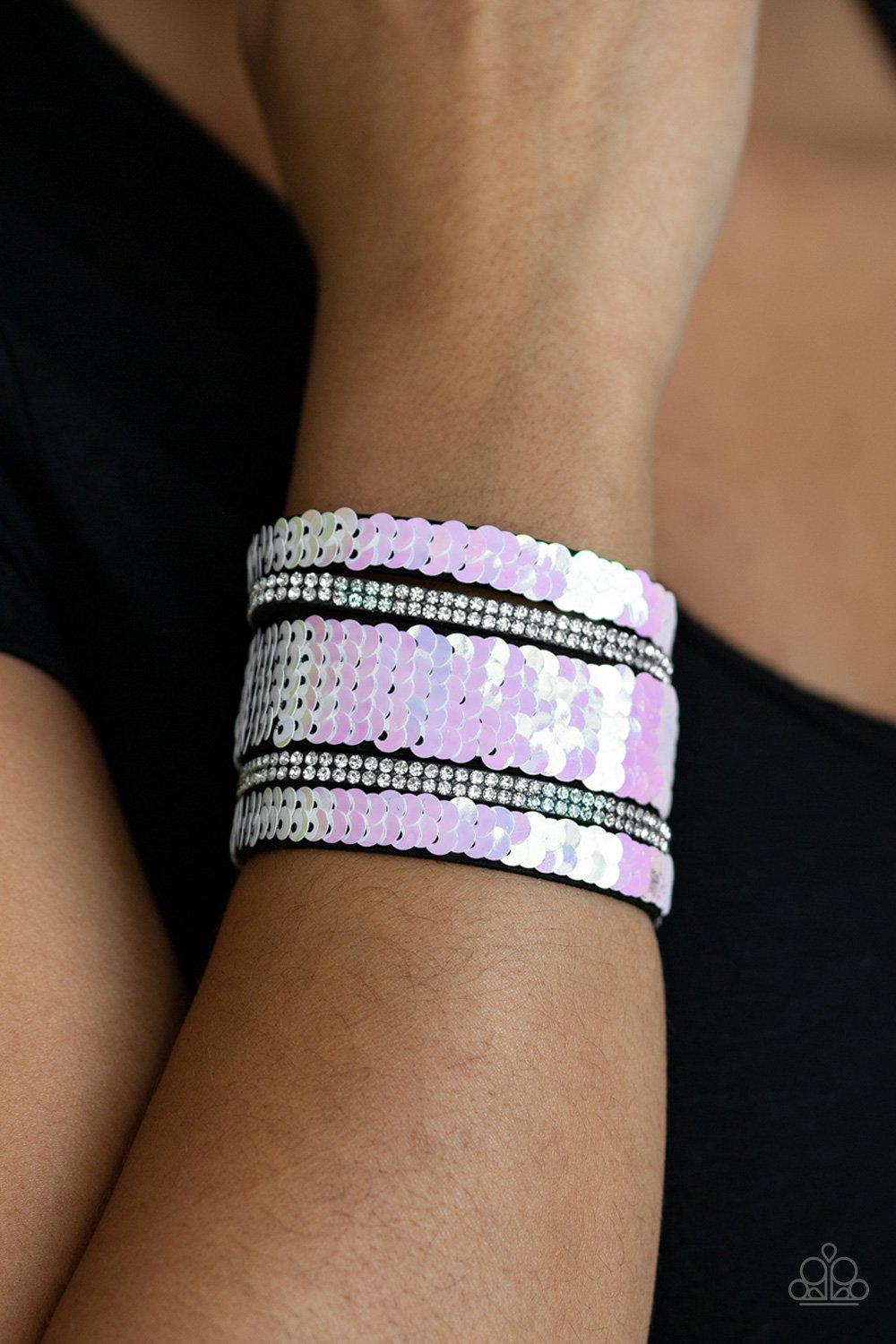 Mermaid Service White and Pink Sequin Reversible Urban Wrap Snap Bracelet - Paparazzi Accessories- Reverse side on model - CarasShop.com - Paparazzi Jewelry by Cara Jewels