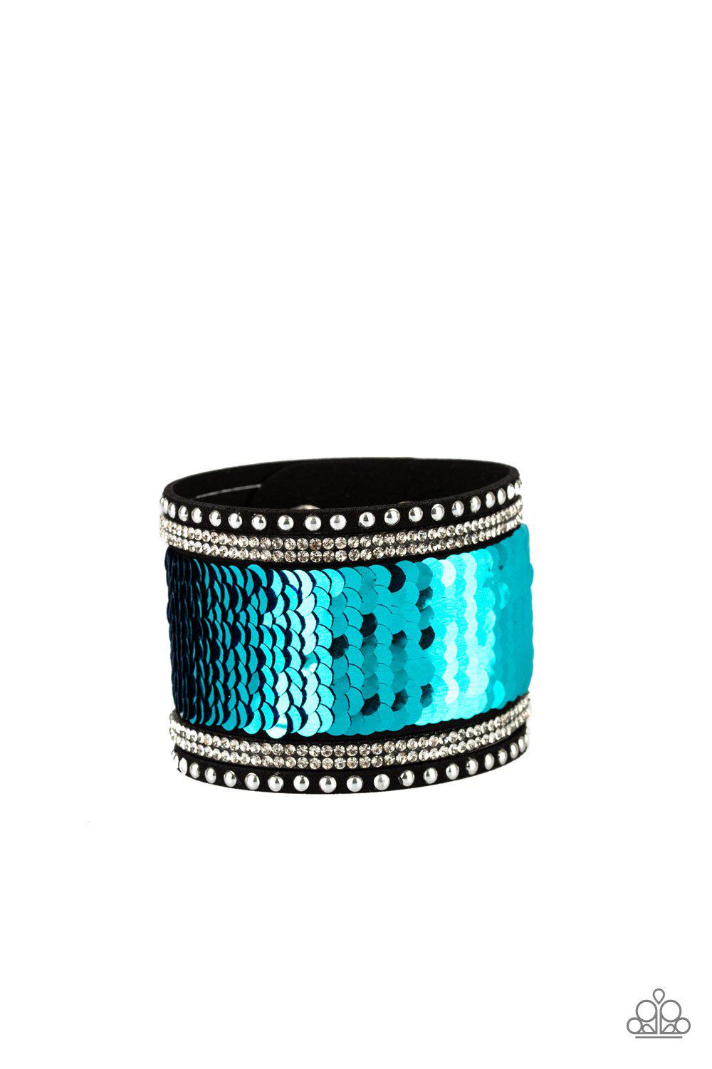 MERMAIDS Have More Fun Blue and Purple Sequin Reversible Urban Wrap Snap Bracelet - Paparazzi Accessories- Reverse side on model - CarasShop.com - Paparazzi Jewelry by Cara Jewels