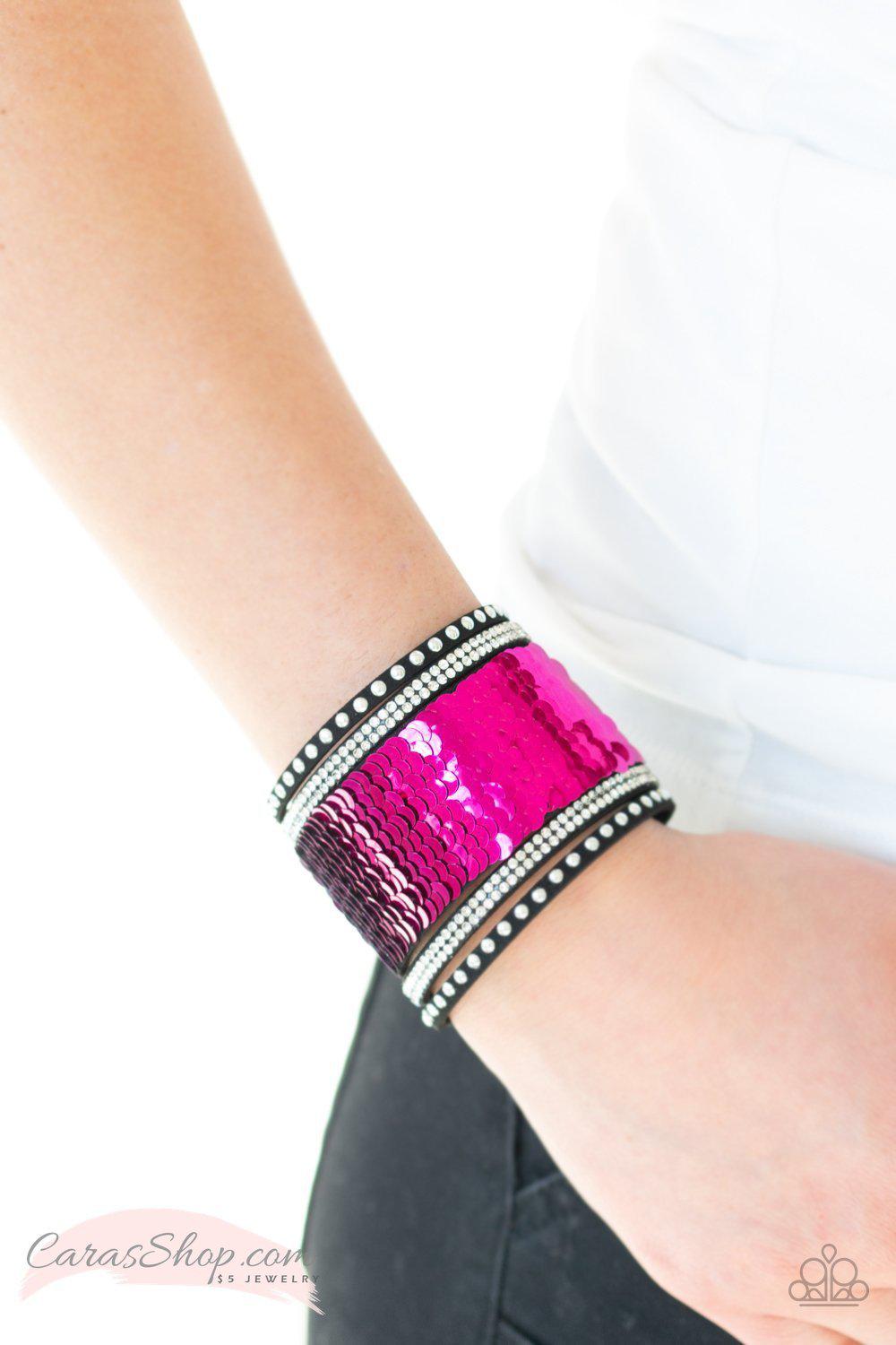MERMAIDS Have More Fun Pink Sequin Wrap Snap Bracelet - Paparazzi Accessories- lightbox - CarasShop.com - Paparazzi Jewelry by Cara Jewels