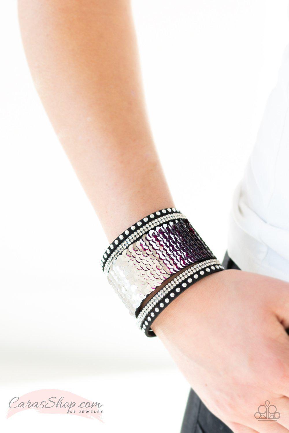 MERMAIDS Have More Fun Pink Sequin Wrap Snap Bracelet - Paparazzi Accessories- Reverse side on model - CarasShop.com - Paparazzi Jewelry by Cara Jewels