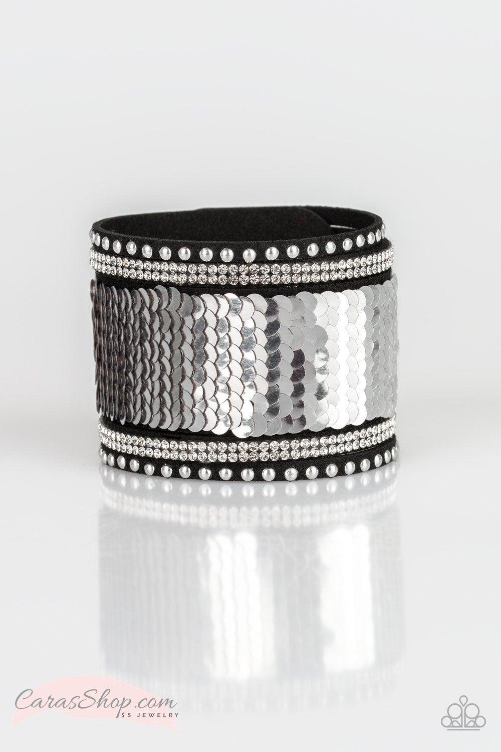 MERMAIDS Have More Fun Rose Gold and Silver Sequin Wrap Snap Bracelet - Paparazzi Accessories- Reverse side - lightbox - CarasShop.com - Paparazzi Jewelry by Cara Jewels