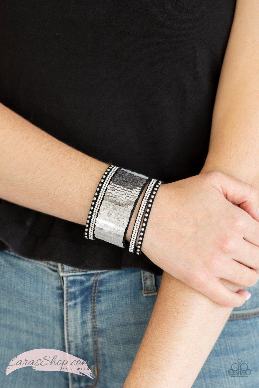 MERMAIDS Have More Fun Rose Gold and Silver Sequin Wrap Snap Bracelet - Paparazzi Accessories- Reverse side on model - CarasShop.com - Paparazzi Jewelry by Cara Jewels