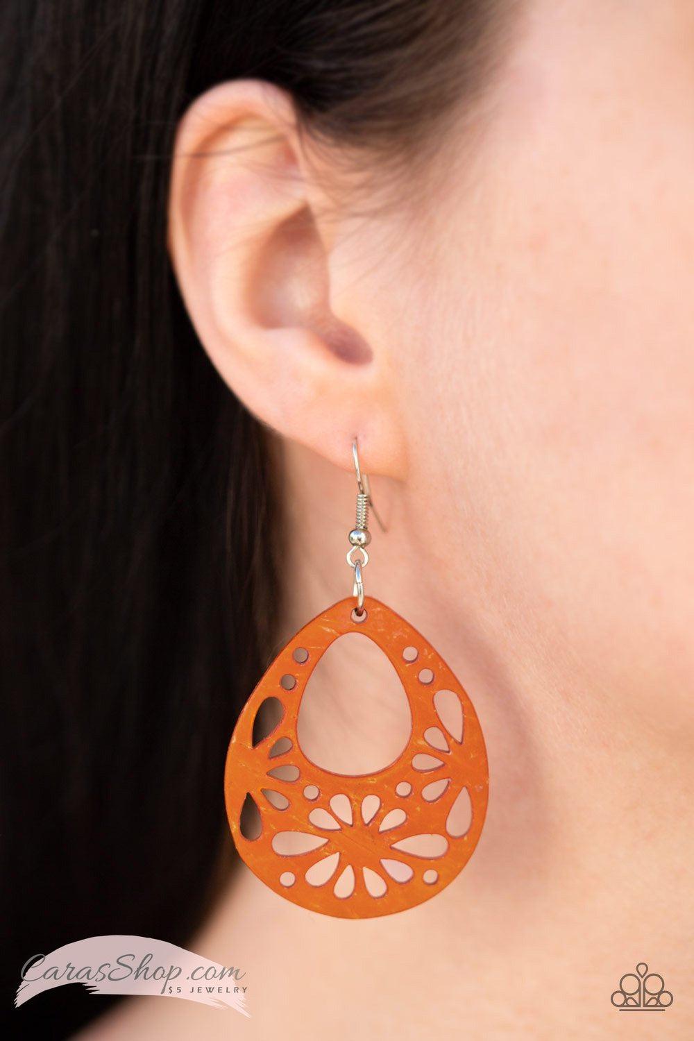Merrily Marooned Orange Wood Earrings - Paparazzi Accessories- lightbox - CarasShop.com - Paparazzi Jewelry by Cara Jewels