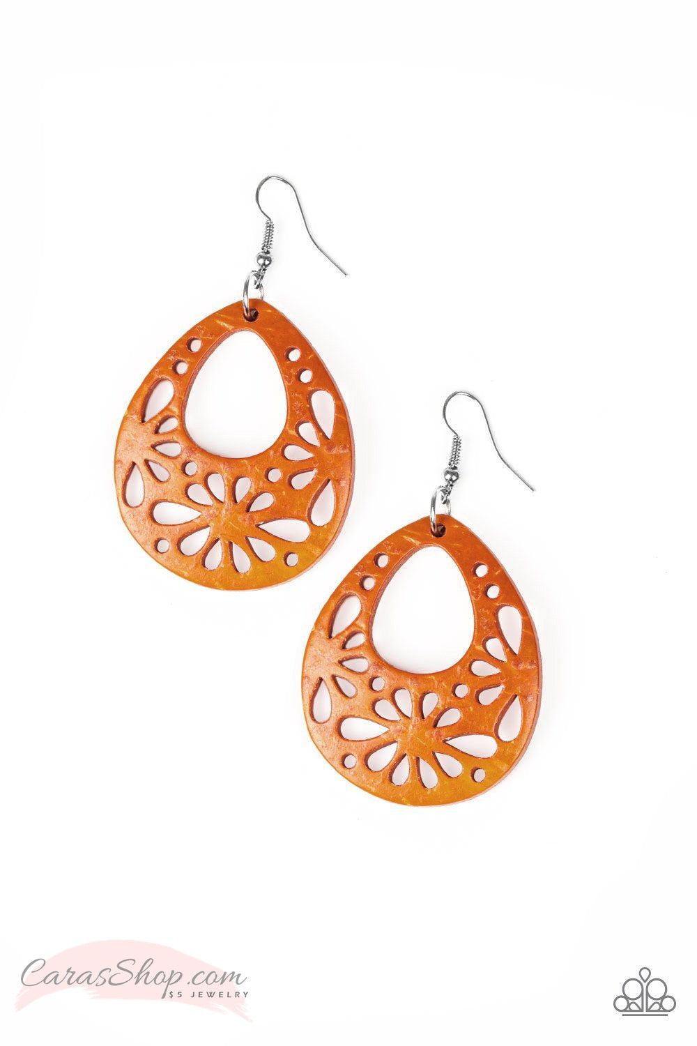 Merrily Marooned Orange Wood Earrings - Paparazzi Accessories- on model - CarasShop.com - Paparazzi Jewelry by Cara Jewels