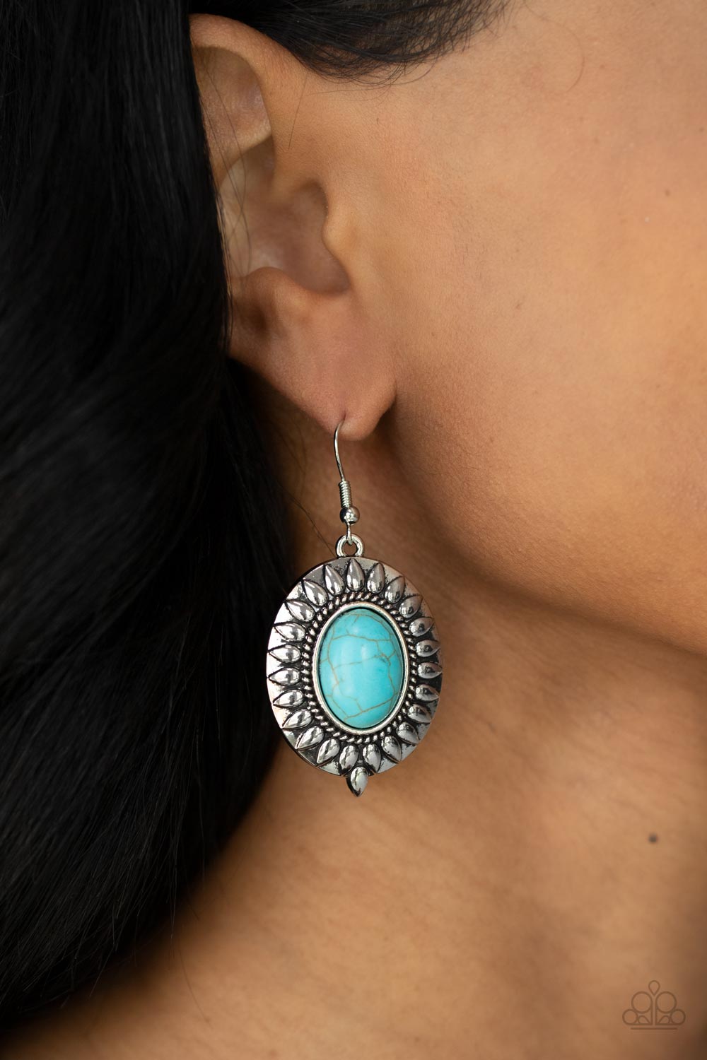 Mesa Garden Turquoise Blue Stone Earrings - Paparazzi Accessories- on model - CarasShop.com - Paparazzi Jewelry by Cara Jewels