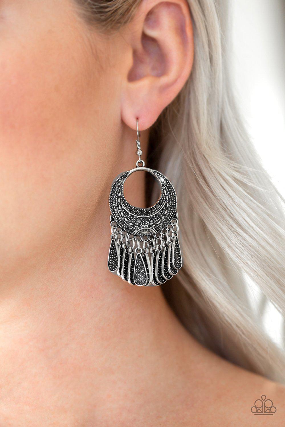 Mesa Majesty Silver Earrings - Paparazzi Accessories- on model - CarasShop.com - Paparazzi Jewelry by Cara Jewels