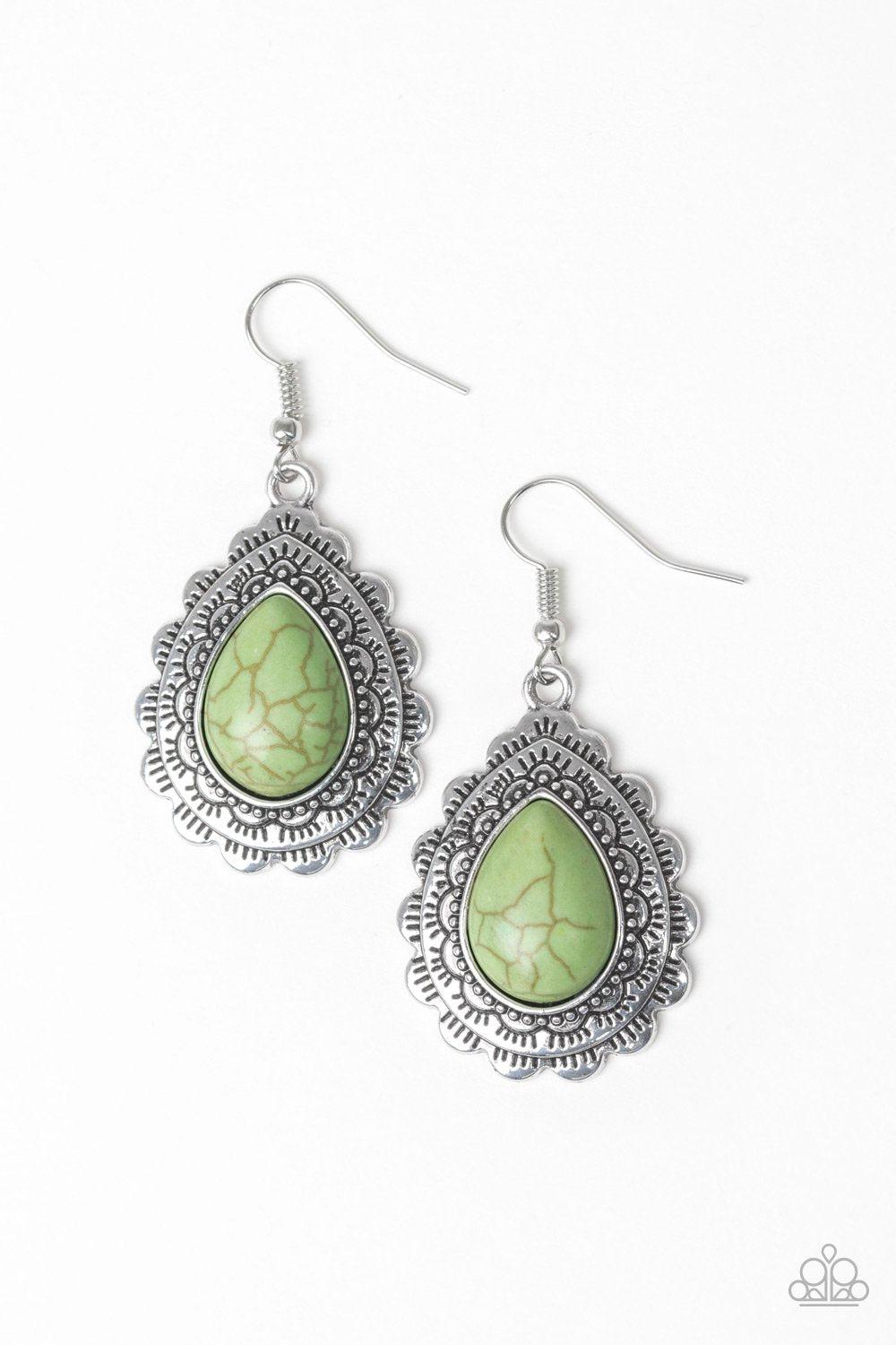 Mesa Mustang Green Stone Teardrop Earrings - Paparazzi Accessories- on model - CarasShop.com - Paparazzi Jewelry by Cara Jewels