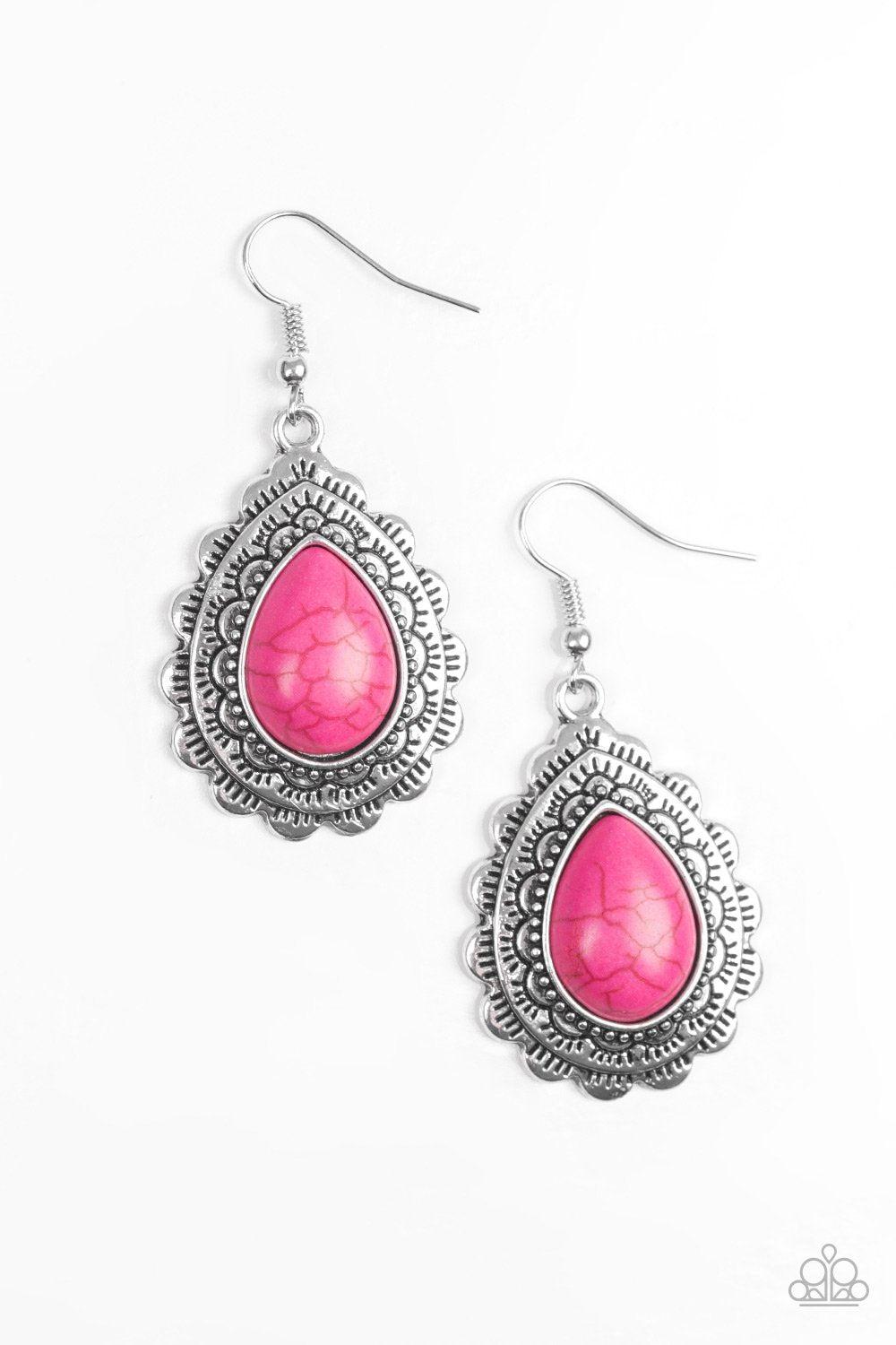 Mesa Mustang Pink Stone Teardrop Earrings - Paparazzi Accessories- on model - CarasShop.com - Paparazzi Jewelry by Cara Jewels
