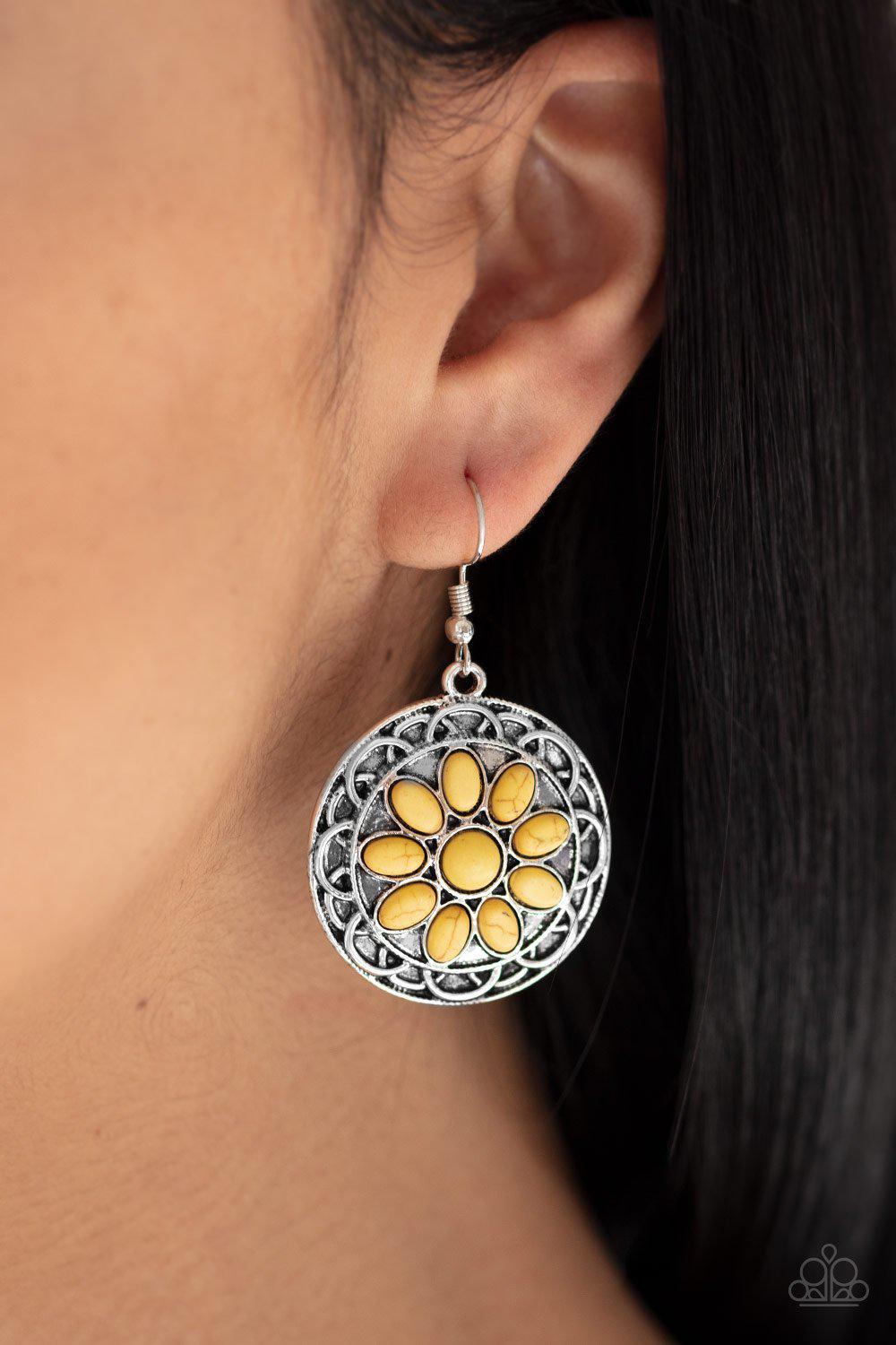 Mesa Oasis Yellow Stone Flower Earrings - Paparazzi Accessories- on model - CarasShop.com - Paparazzi Jewelry by Cara Jewels