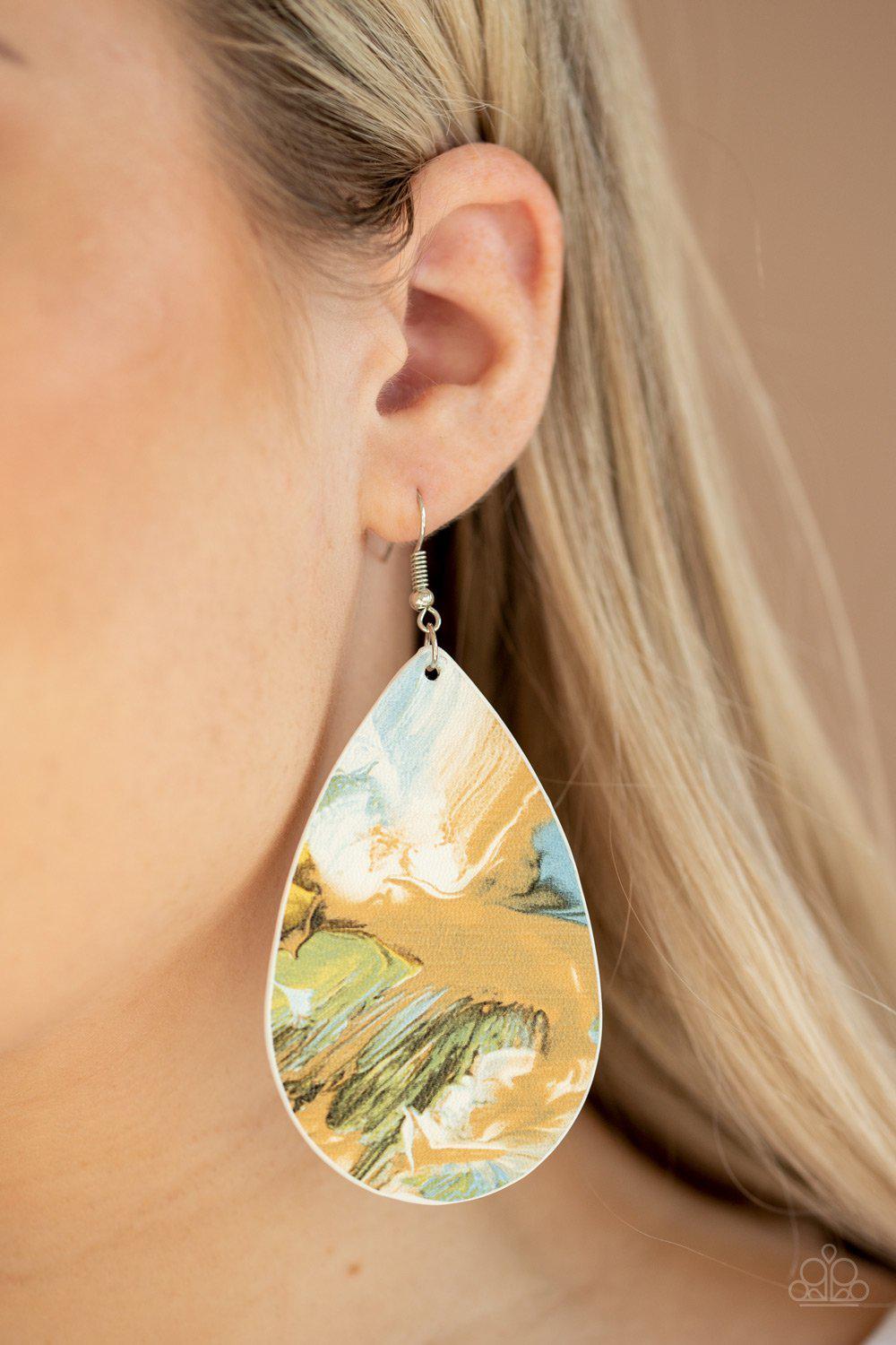 Mesmerizing Mosaic Multi Blue, Brown, Green and White Leather Teardrop Earrings - Paparazzi Accessories- lightbox - CarasShop.com - Paparazzi Jewelry by Cara Jewels
