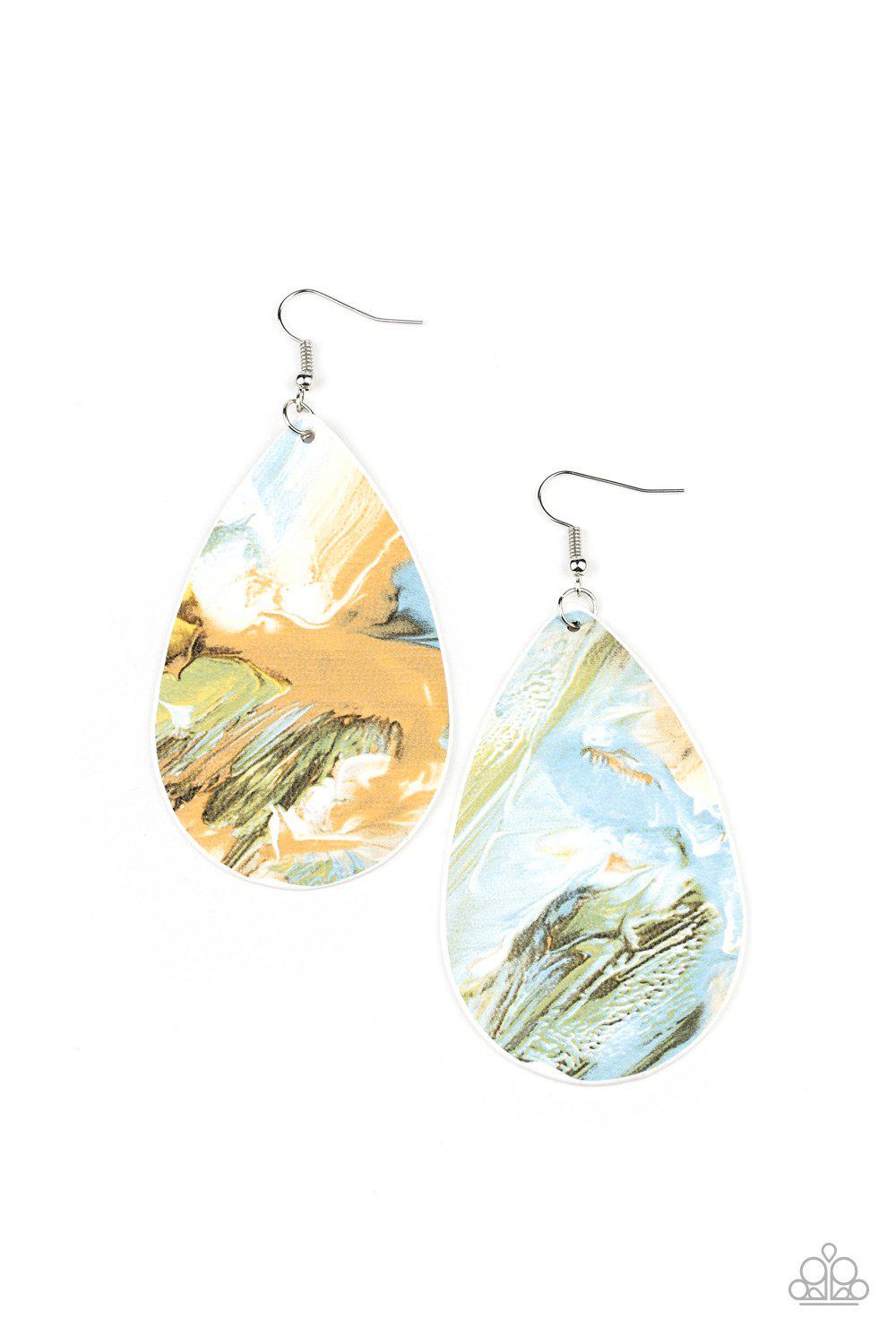 Mesmerizing Mosaic Multi Blue, Brown, Green and White Leather Teardrop Earrings - Paparazzi Accessories- on model - CarasShop.com - Paparazzi Jewelry by Cara Jewels