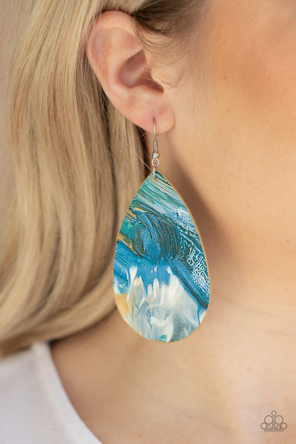 Mesmerizing Mosaic Multi Blue, Green, Tan/Yellow and White Leather Teardrop Earrings - Paparazzi Accessories- lightbox - CarasShop.com - Paparazzi Jewelry by Cara Jewels