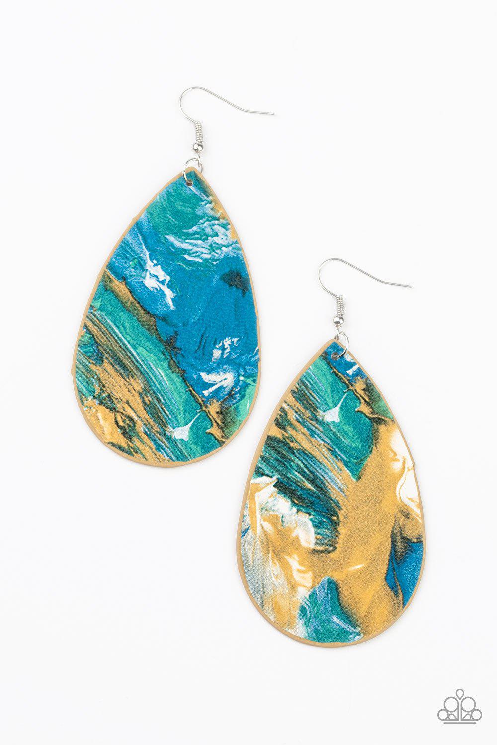 Mesmerizing Mosaic Multi Blue, Green, Tan/Yellow and White Leather Teardrop Earrings - Paparazzi Accessories- on model - CarasShop.com - Paparazzi Jewelry by Cara Jewels