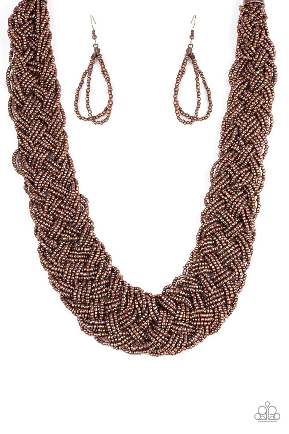 Mesmerizingly Mesopotamia Copper Seed Bead Necklace and matching Earrings - Paparazzi Accessories - free matching earrings -CarasShop.com - Paparazzi Jewelry by Cara Jewels