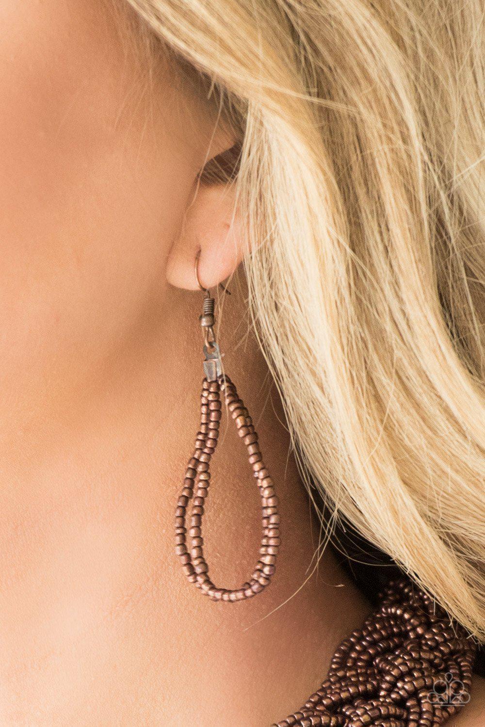 Mesmerizingly Mesopotamia Copper Seed Bead Necklace and matching Earrings - Paparazzi Accessories- on model - CarasShop.com - Paparazzi Jewelry by Cara Jewels