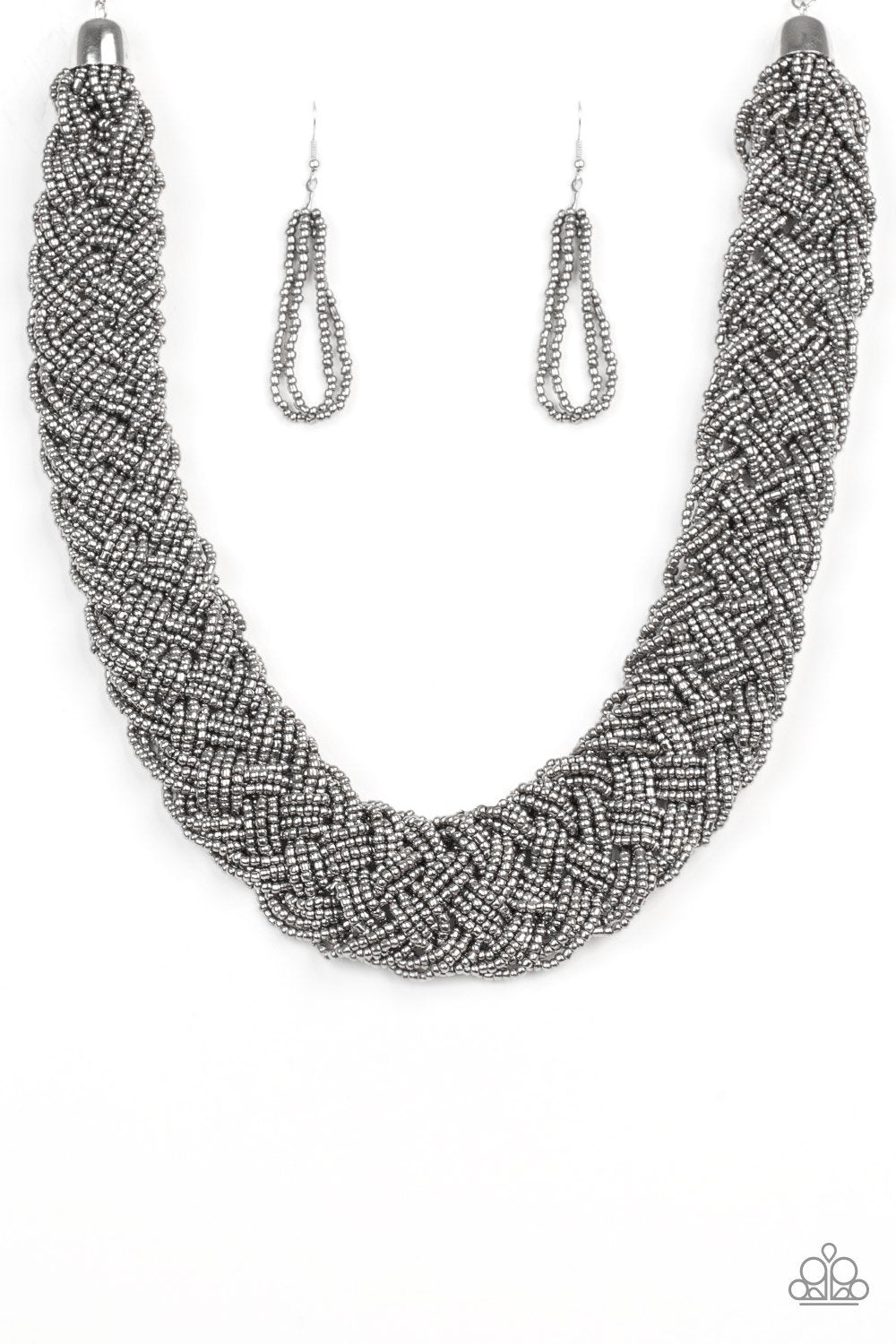Mesmerizingly Mesopotamia Gunmetal Seed Bead Necklace and matching Earrings - Paparazzi Accessories - free matching earrings -CarasShop.com - Paparazzi Jewelry by Cara Jewels