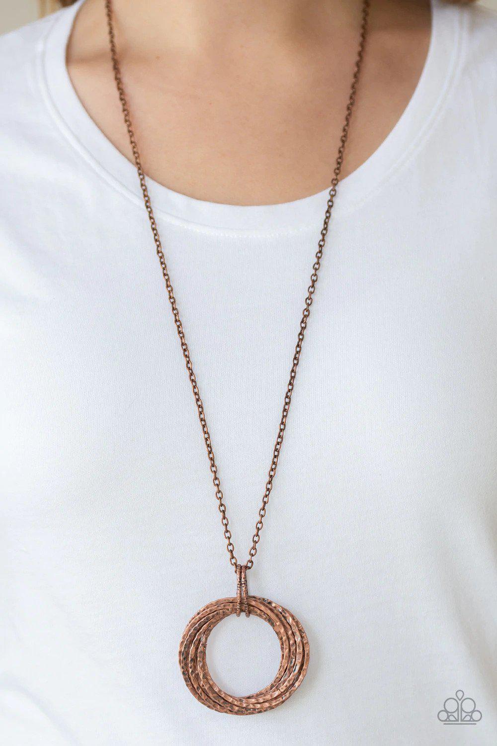Metal Marathon Copper Necklace - Paparazzi Accessories- on model - CarasShop.com - Paparazzi Jewelry by Cara Jewels