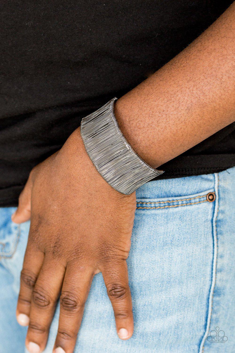 Metal Mecca Gunmetal Black Wire Cuff Bracelet - Paparazzi Accessories- on model - CarasShop.com - Paparazzi Jewelry by Cara Jewels