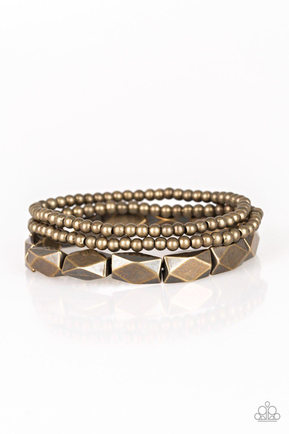 Metal Movement Brass Bracelet Set - Paparazzi Accessories- on model - CarasShop.com - Paparazzi Jewelry by Cara Jewels