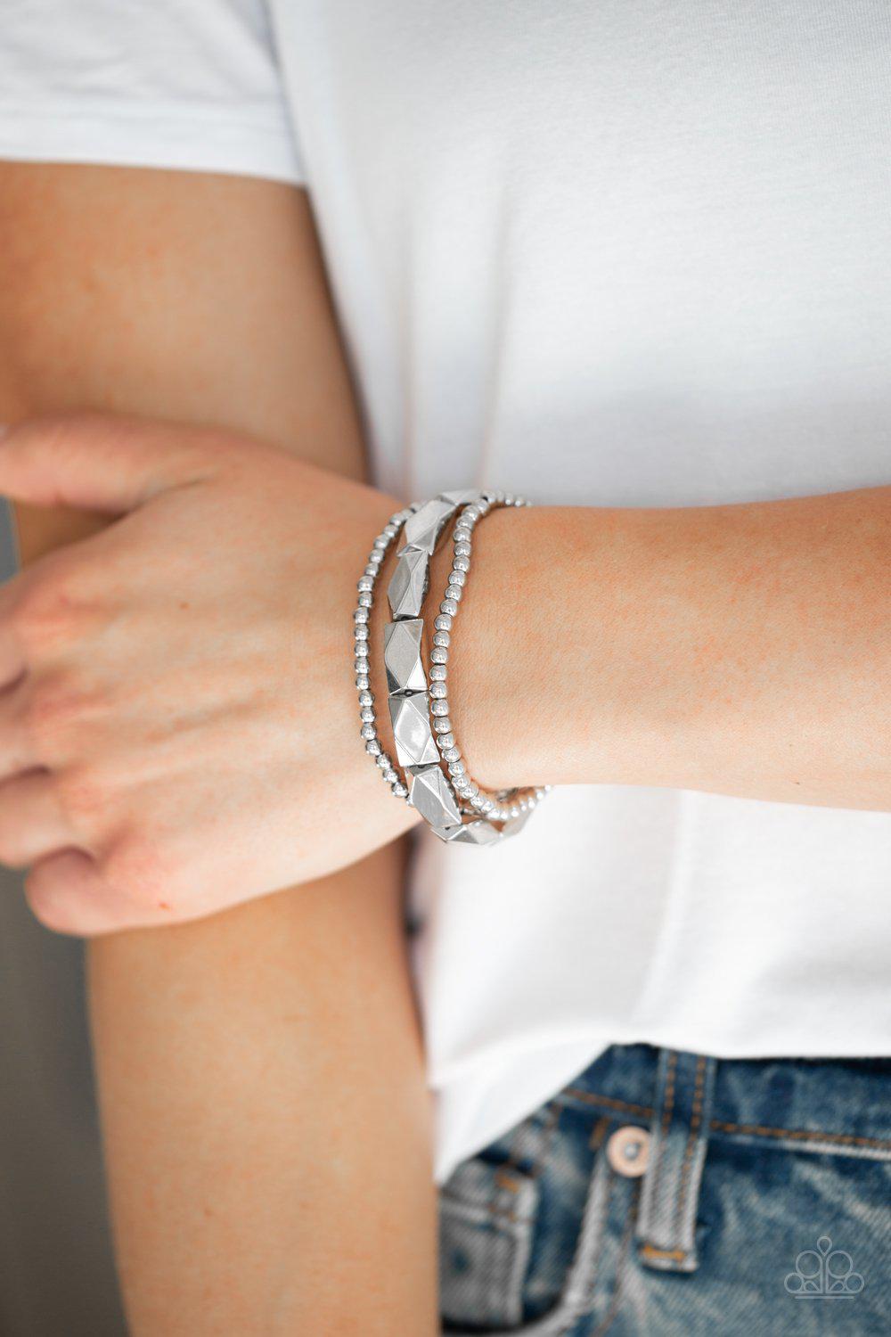 Metal Movement Silver Bracelet Set - Paparazzi Accessories- on model - CarasShop.com - Paparazzi Jewelry by Cara Jewels