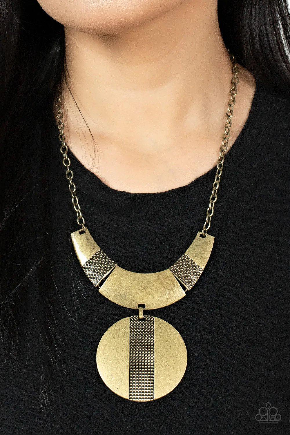 Metallic Enchantress Brass Necklace - Paparazzi Accessories- on model - CarasShop.com - Paparazzi Jewelry by Cara Jewels