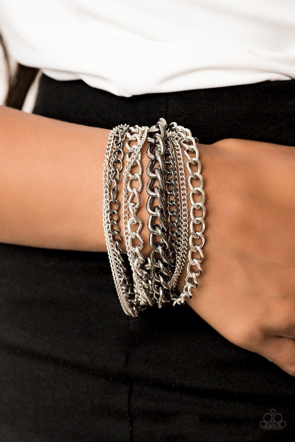 Metallic Horizon Silver and Gunmetal Chain Bracelet - Paparazzi Accessories- on model - CarasShop.com - Paparazzi Jewelry by Cara Jewels