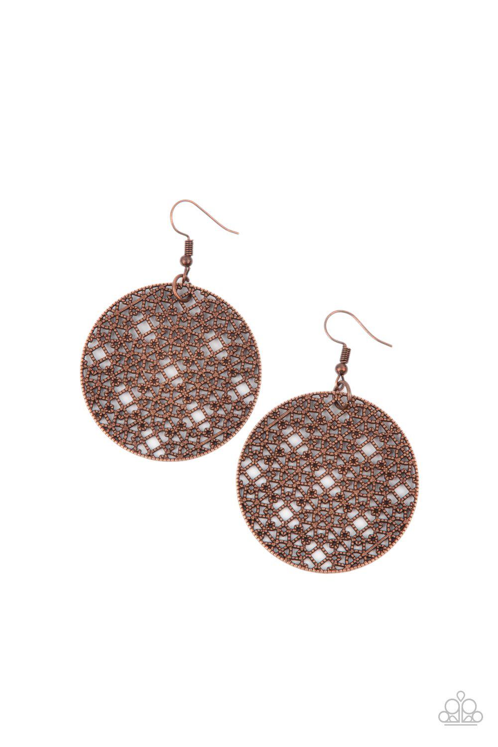 Metallic Mosaic Copper Filigree Earrings - Paparazzi Accessories- lightbox - CarasShop.com - Paparazzi Jewelry by Cara Jewels