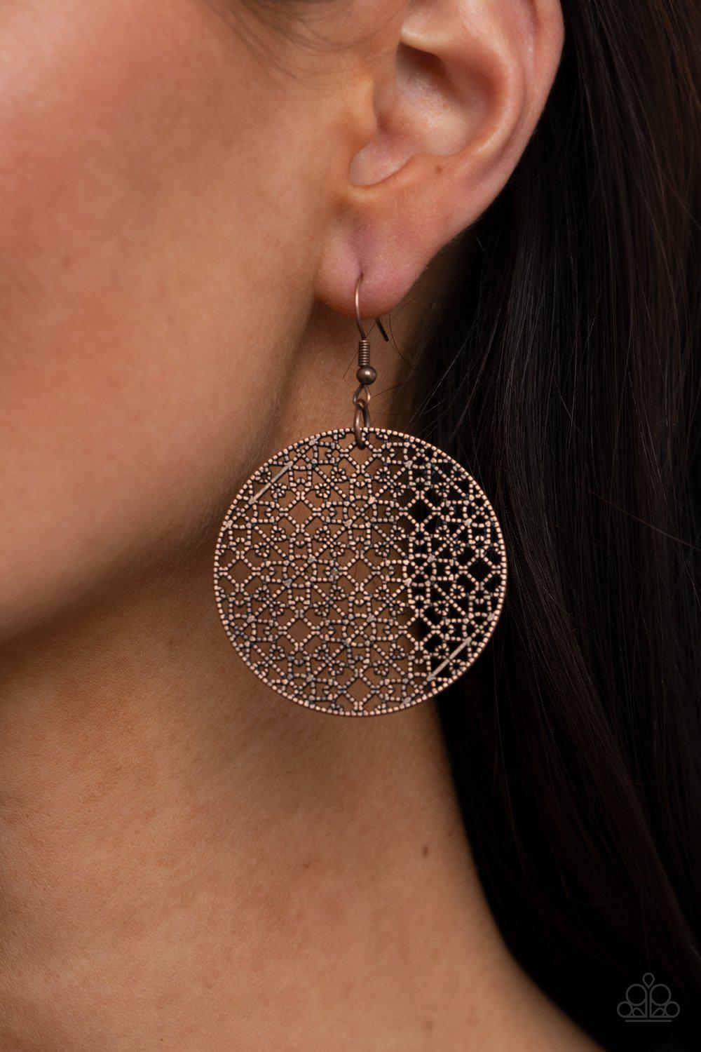 Metallic Mosaic Copper Filigree Earrings - Paparazzi Accessories- on model - CarasShop.com - Paparazzi Jewelry by Cara Jewels
