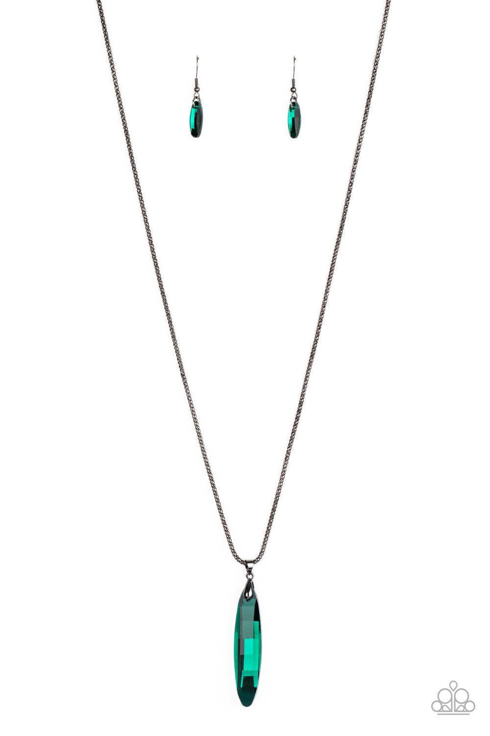 Meteor Shower Green Rhinestone and Gunmetal Necklace - Paparazzi Accessories- on model - CarasShop.com - Paparazzi Jewelry by Cara Jewels