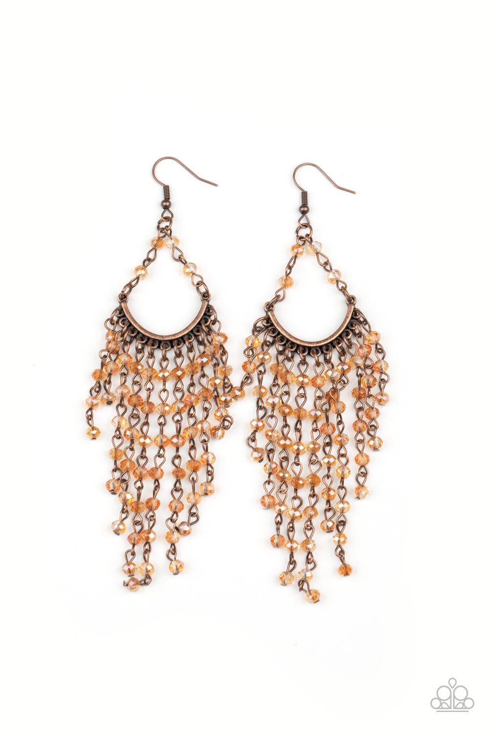 Metro Confetti Copper Rhinestone Tassel Earrings - Paparazzi Accessories- on model - CarasShop.com - Paparazzi Jewelry by Cara Jewels