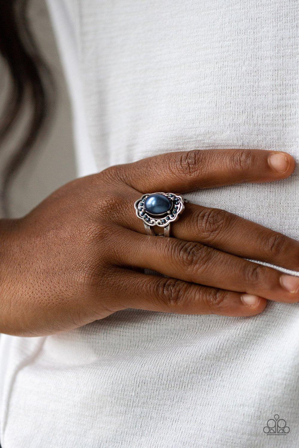 Metro Marina Blue Pearl Ring - Paparazzi Accessories- on model - CarasShop.com - Paparazzi Jewelry by Cara Jewels