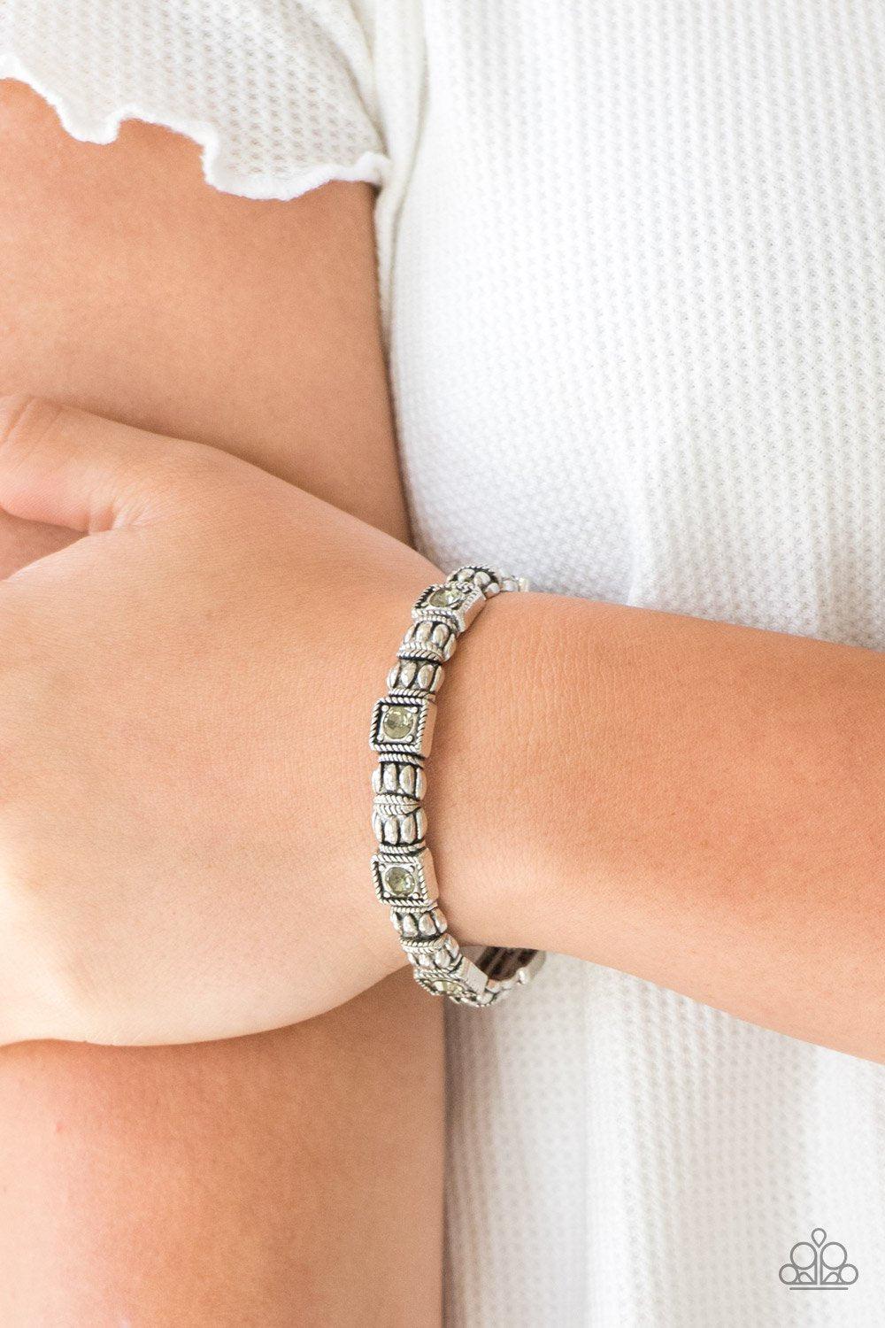 Metro Marvelous Smoky Rhinestone Silver Stretch Bracelet - Paparazzi Accessories- on model - CarasShop.com - Paparazzi Jewelry by Cara Jewels