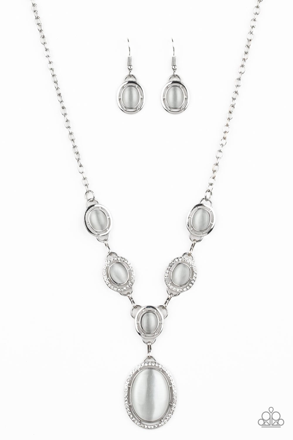 Metro Medallion White Moonstone Necklace and matching Earrings - Paparazzi Accessories - free matching earrings -CarasShop.com - Paparazzi Jewelry by Cara Jewels