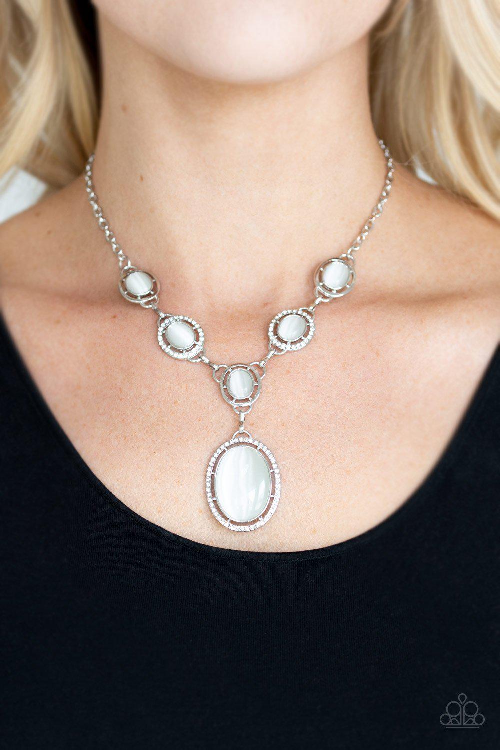 Metro Medallion White Moonstone Necklace and matching Earrings - Paparazzi Accessories- lightbox - CarasShop.com - Paparazzi Jewelry by Cara Jewels