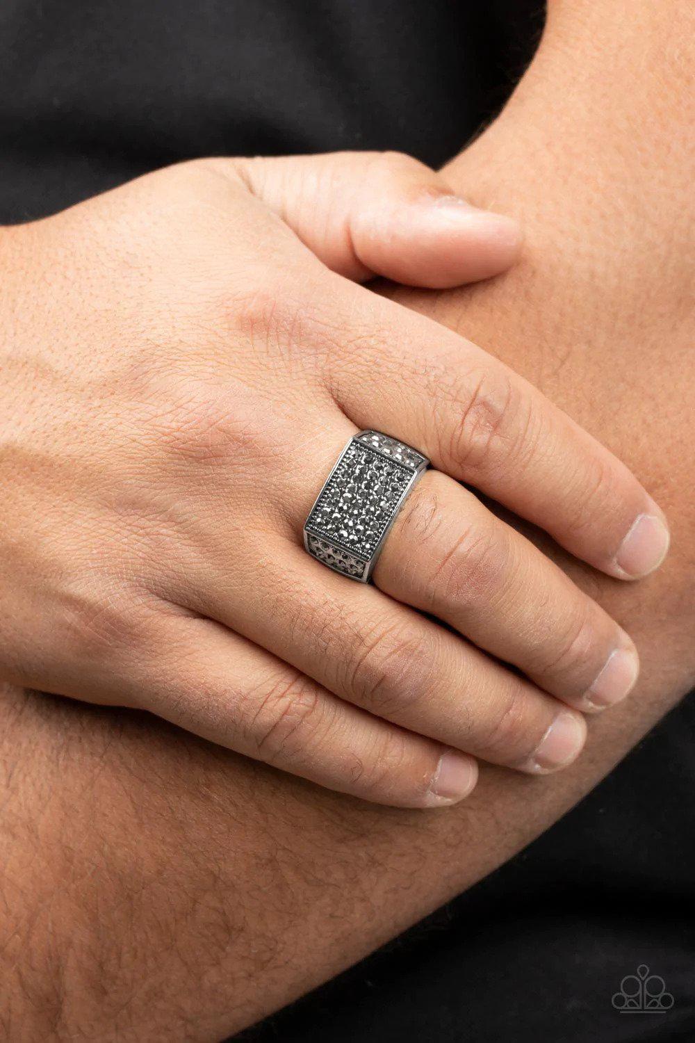 Metro Merger Men's Silver & Hematite Ring - Paparazzi Accessories- lightbox - CarasShop.com - Paparazzi Jewelry by Cara Jewels