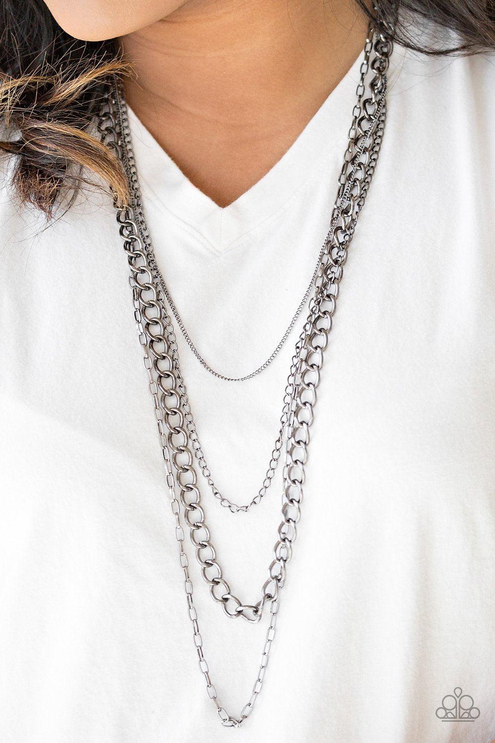 Metro Metal Long Gunmetal Black Chain Necklace - Paparazzi Accessories- lightbox - CarasShop.com - Paparazzi Jewelry by Cara Jewels