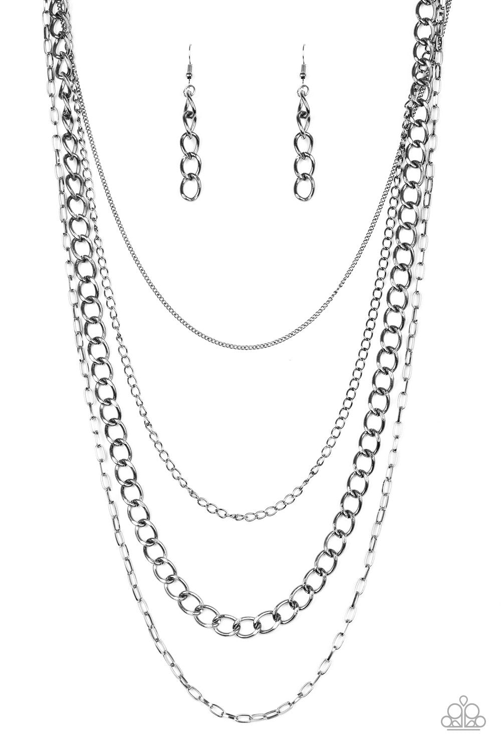 Metro Metal Long Gunmetal Black Chain Necklace - Paparazzi Accessories- on model - CarasShop.com - Paparazzi Jewelry by Cara Jewels