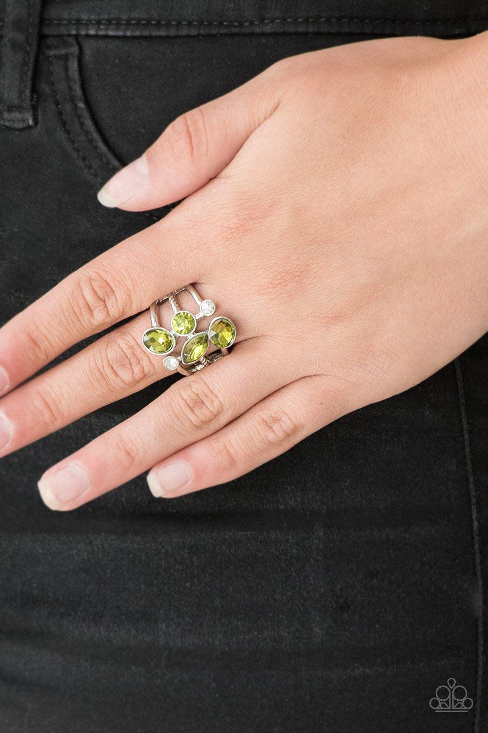 Metro Mingle Silver and Green Gem Ring - Paparazzi Accessories- lightbox - CarasShop.com - Paparazzi Jewelry by Cara Jewels