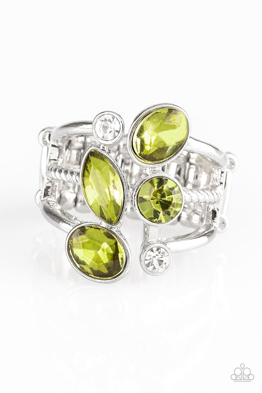Metro Mingle Silver and Green Gem Ring - Paparazzi Accessories- on model - CarasShop.com - Paparazzi Jewelry by Cara Jewels