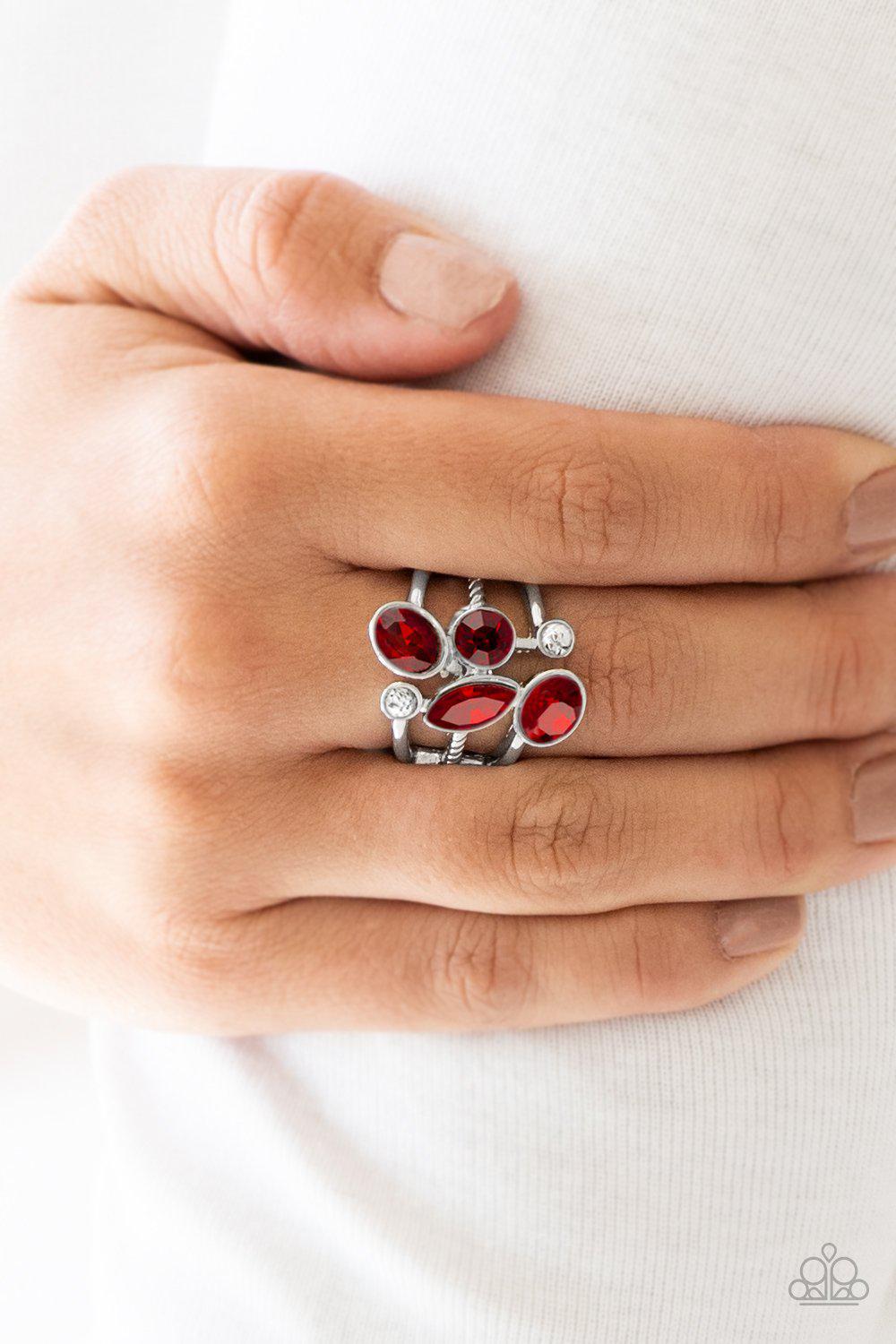 Metro Mingle Silver and Red Gem Ring - Paparazzi Accessories- lightbox - CarasShop.com - Paparazzi Jewelry by Cara Jewels