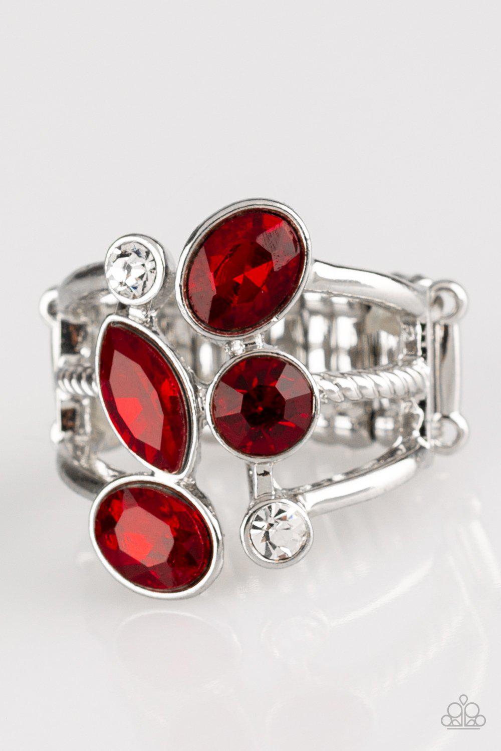 Metro Mingle Silver and Red Gem Ring - Paparazzi Accessories- on model - CarasShop.com - Paparazzi Jewelry by Cara Jewels