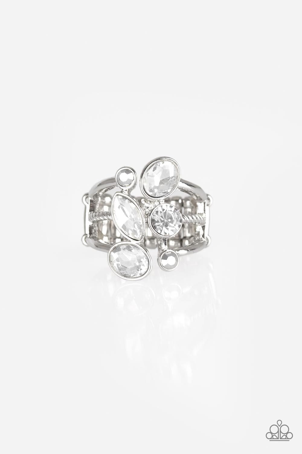 Metro Mingle Silver and White Gem Ring - Paparazzi Accessories- lightbox - CarasShop.com - Paparazzi Jewelry by Cara Jewels