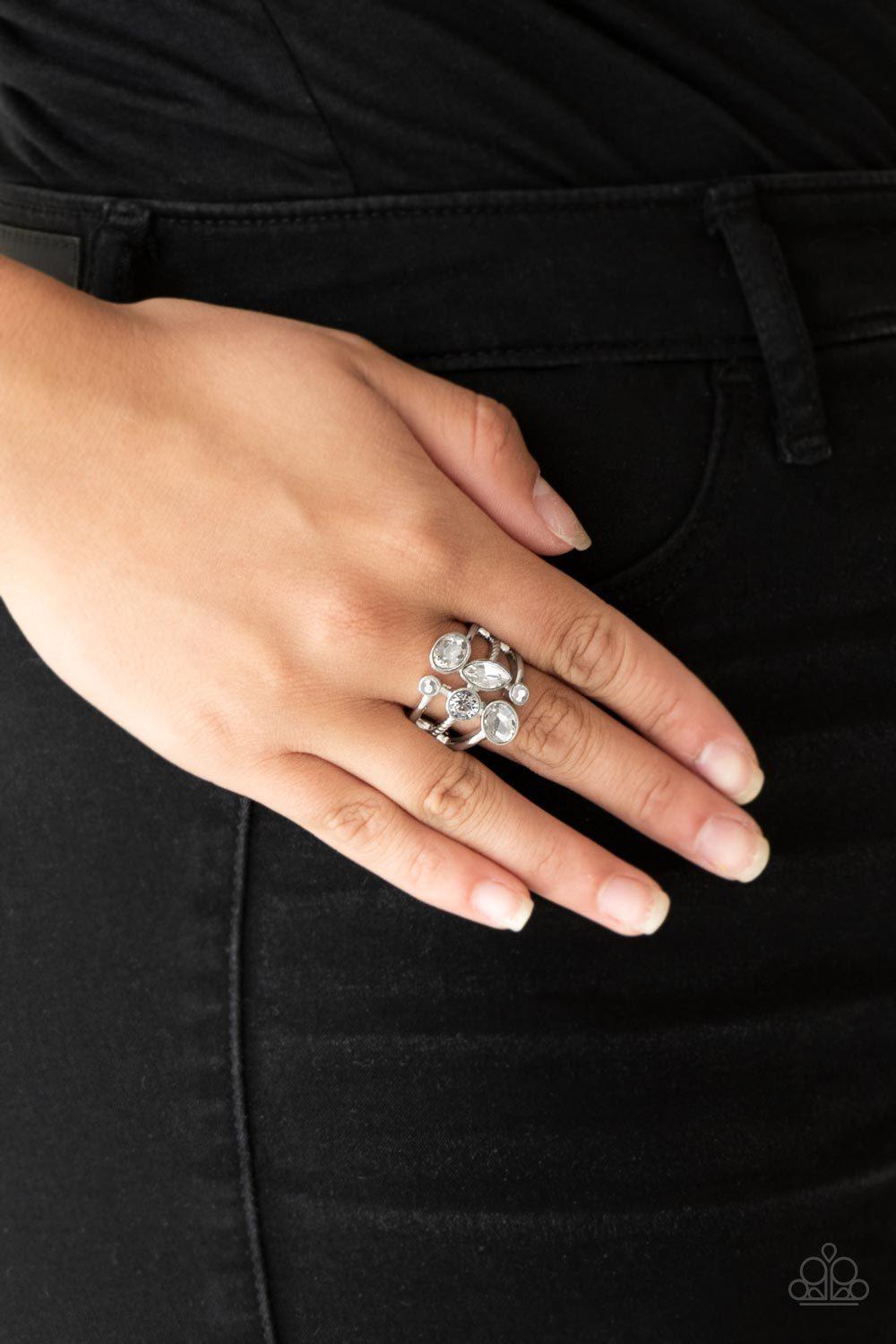 Metro Mingle Silver and White Gem Ring - Paparazzi Accessories- lightbox - CarasShop.com - Paparazzi Jewelry by Cara Jewels